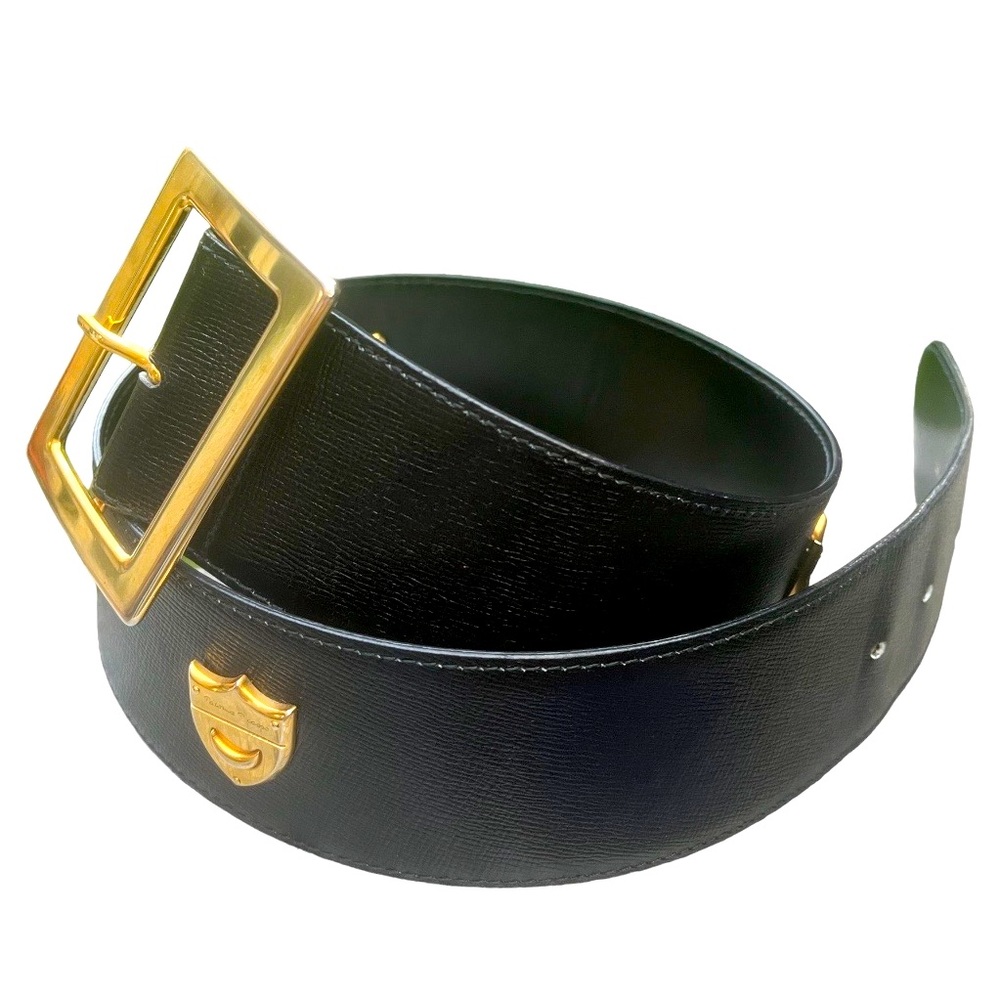Vintage 90’S PALOMA PICASSO Leather Thick Black & Gold Buckle Belt Size 33 Inch